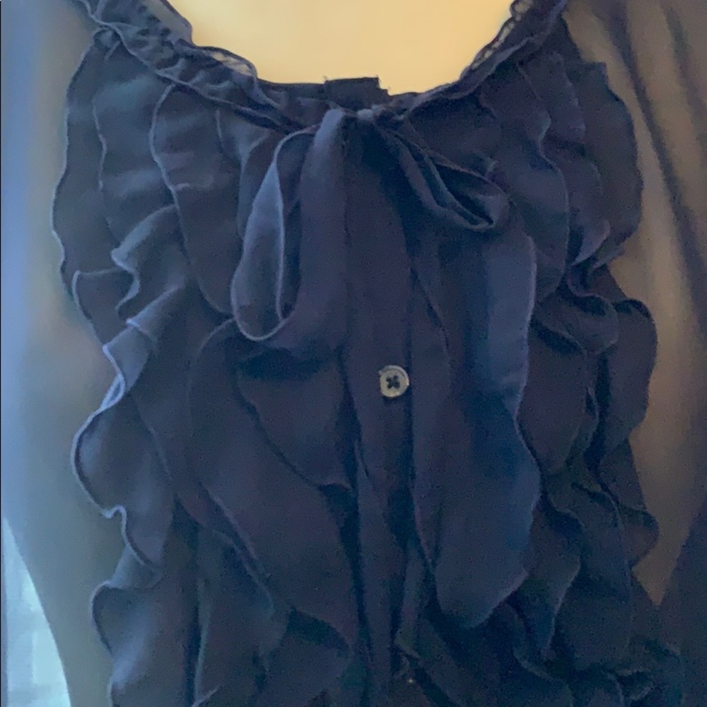 🦋 Sheer, Ruffle Navy Button Down Blouse - Picture 7 of 10